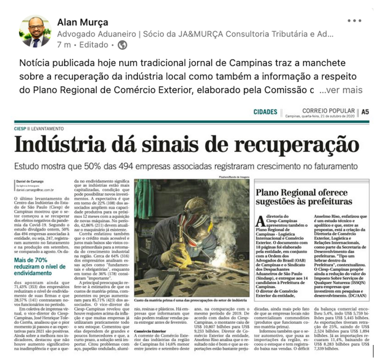 Contribuição do sócio Alan Murça na elaboração do Plano Regional de Comércio Exterior em parceria com SINDASP e CIESP Campinas